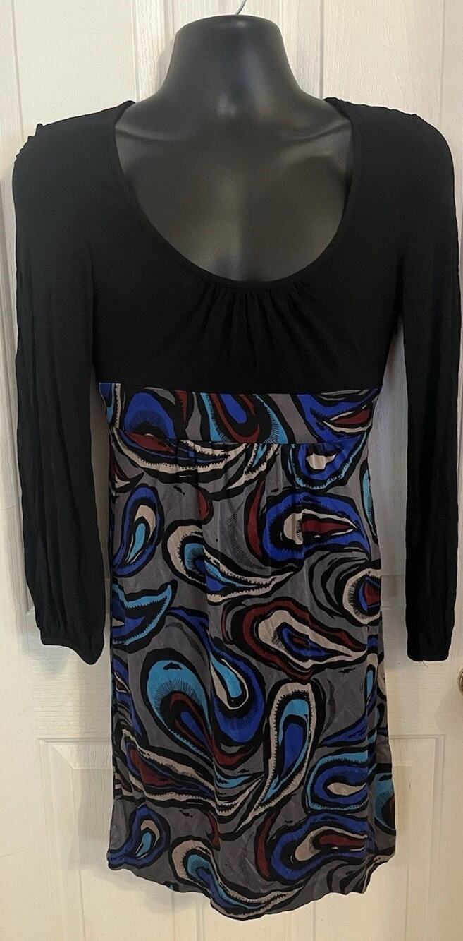 VTG Y2K Trina Turk Bubble Sleeve Abstract Swirls Silk Dress Luxury Mod Size 4